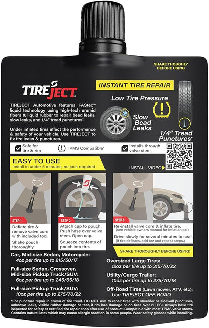 TireJect Automotive Sedan/Crossover/Truck 2-in-1 Tire Sealant & Bead Sealer Kit for tire repair of leaks and punctures