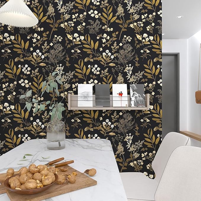 Laatse Gothic Wallpaper Peel and Stick Dark Floral Wallpaper 17.5in x 78.7in Vintage Leaf Contact Paper Vinyl Waterproof Self Adhesive Boho Botanical Wall Paper for Bedroom Cabinet Décor