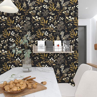 Laatse Leaf Wallpaper Peel and Stick Dark Floral Wallpaper 17.5in x 197in Vintage Leaf Contact Paper Vinyl Waterproof Self Adhesive Boho Botanical Wall Paper for Bedroom Cabinet Décor