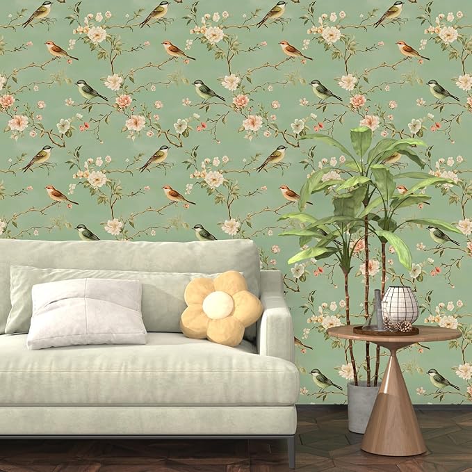 Laatse Green Floral Wallpaper Peel and Stick Bird Wallpaper Pink Flower Contact Paper 17.5" × 118" Waterproof Vinyl Self Adhesive Vintage Wall Paper for Bedroom Walls Cabinet Locker Decor