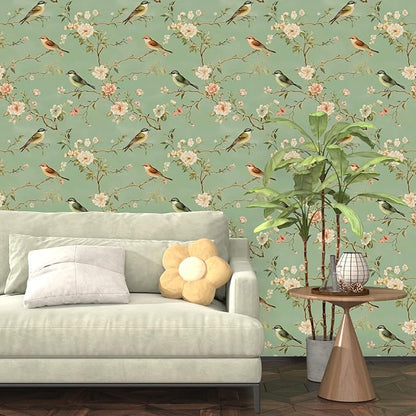 Laatse Green Floral Wallpaper Peel and Stick Bird Wallpaper Pink Flower Contact Paper 17.5" × 118" Waterproof Vinyl Self Adhesive Vintage Wall Paper for Bedroom Walls Cabinet Locker Decor