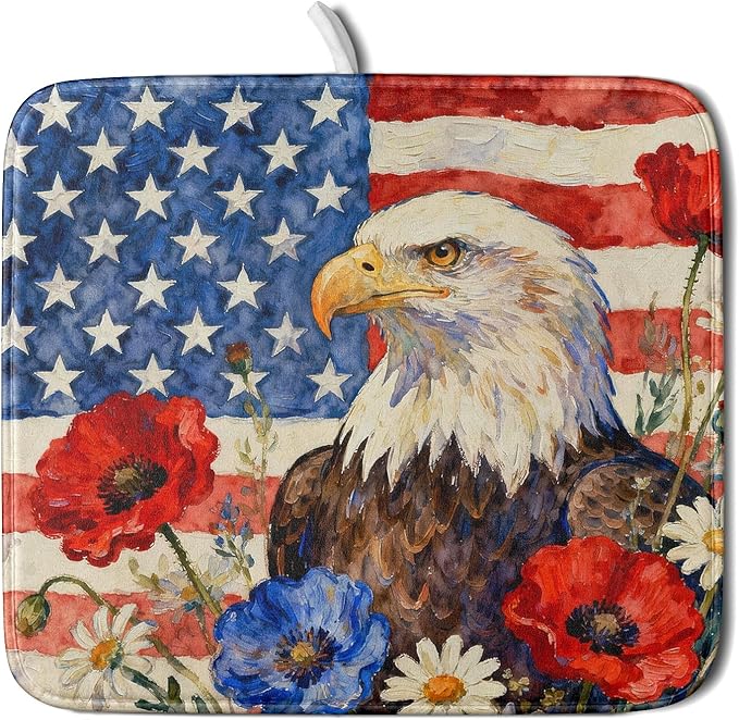 4th of July American Flag Eagle Dish Drying Mat for Kitchen Counter 16x18 Patriotic Floral Memorial Day Absorbent Reversible Microfiber Drying Mats Kitchen Countertop Protector Dishes Drainer Pad