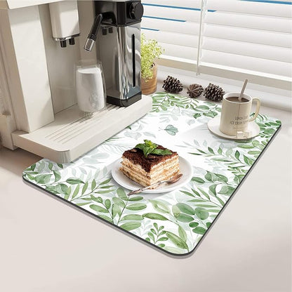 LOKHOM Dish Drying Mat for Kitchen Counter, 12"x20" Absorbent Coffee Bar Mat with Green Plant & Butterfly, Dish Drainer Rack Mats for Kitchen Counter Coffee Maker Pot Dining Room Decoration