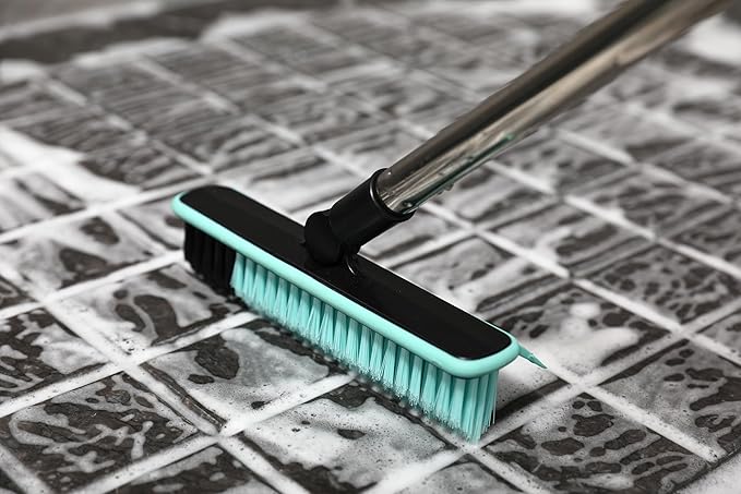 Grout Cleaner Brush with Long Handle, V-Shaped Floor Scrub Brush Swivel Grout Brush Stiff Bristle Floor Grout Scrubber for Bathroom, Tile Line, Crevice, Kitchen, Wall, Deck, Garage (Green)
