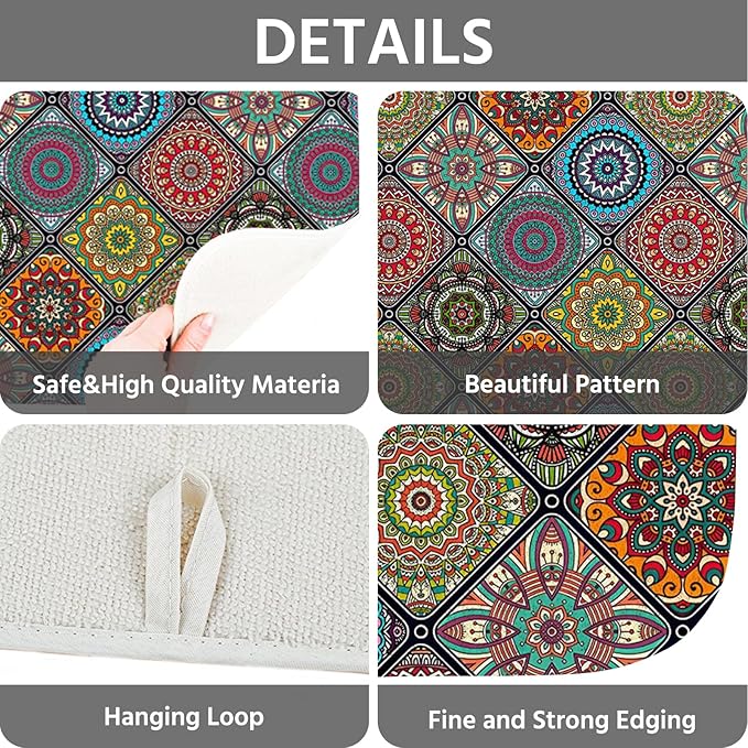 Dish Drying Mat for Kitchen Counter 16x18 Inch, Super Absorbent Dish Drainer Mat, Decorative Microfiber Dishes Drying Pad-Small(Plaid Boho)