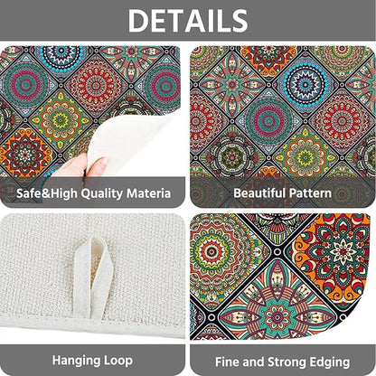 Dish Drying Mat for Kitchen Counter 16x18 Inch, Super Absorbent Dish Drainer Mat, Decorative Microfiber Dishes Drying Pad-Small(Plaid Boho)