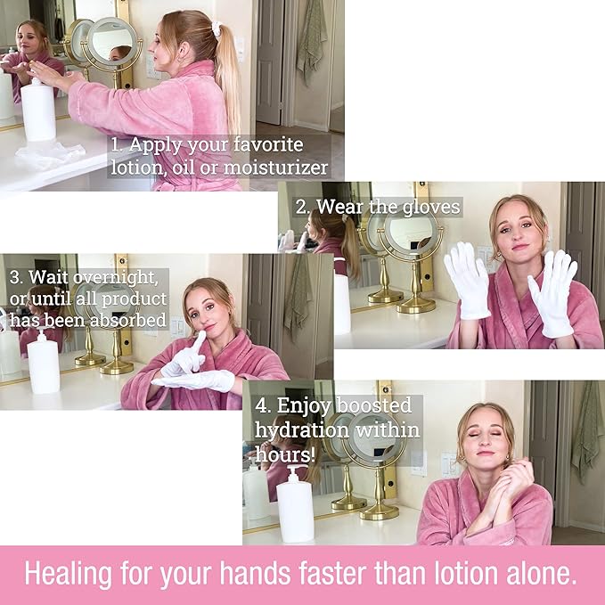 Eurow Moisturizing Gloves for Dry Cracked Hands, Overnight Healing Cotton Gloves Lock in Lotion for Eczema, Psoriasis, Skincare Relief, Reusable Unisex Fit, 2 Pairs, White