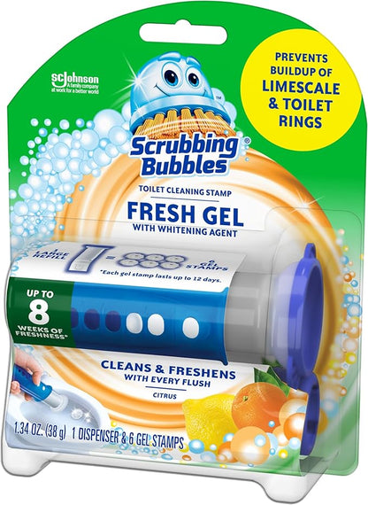 Scrubbing Bubbles Fresh Gel Toilet Bowl Cleaning Stamps, Helps Keep Toilet Clean and Helps Prevent Limescale & Rings, Citrus Scent, 1 Dispenser with 6 Fresh Gel Stamps (Pack of 2)