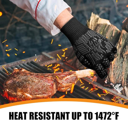 BBQ Gloves, Oven Gloves, 1472°F Extreme Heat Resistant Barbecue Gloves, Silicone Non-Slip Oven Mitts, Kitchen for Cooking, Grilling, and Baking (Black)