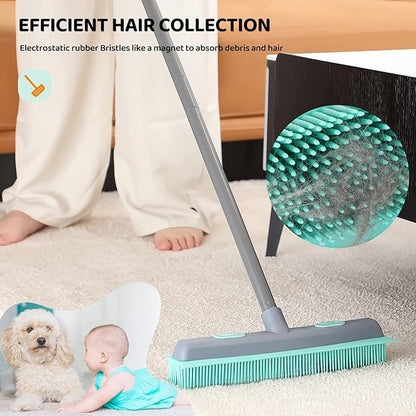 Conliwell Rubber Broom Carpet Rake for Pet Hair, Fur Remover Broom with Squeegee, Portable Detailing Lint Remover Brush (Iron Handle)