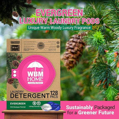 WBM Laundry Detergent Pods - Ultra-Concentrated, Hypoallergenic, Stain-Fighting, Evergreen Scent, 128-Pack, Recyclable Packaging for Eco-Friendly Cleaning