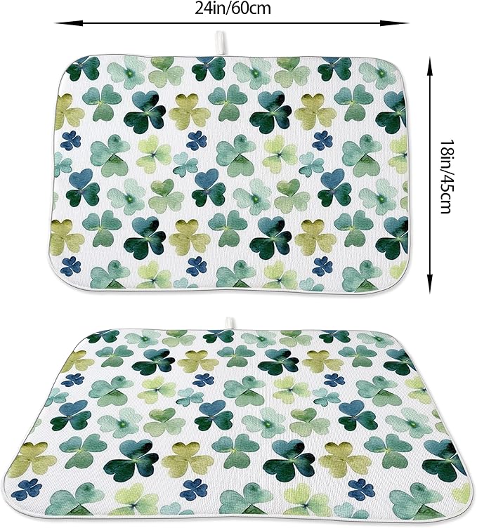Spring Dish Drying Mat 18x24 Inches For Kitchen Counter Absorbent Green Lucky Clover Kitchen St. Patrick's Day Leaf Drying Mat Pad For Home Kitchen,Dining Room,Office Decoration