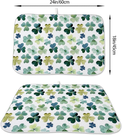 Spring Dish Drying Mat 18x24 Inches For Kitchen Counter Absorbent Green Lucky Clover Kitchen St. Patrick's Day Leaf Drying Mat Pad For Home Kitchen,Dining Room,Office Decoration