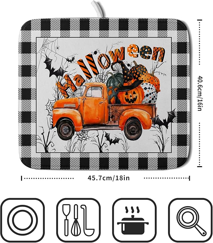 Holiday Truck Dish Drying Mat - Orange Holiday Absorbent Microfiber Dish Drying Pad for Kitchen Counter