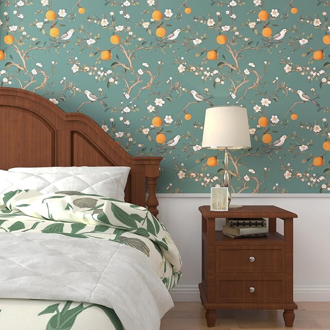 Green Floral Wallpaper Peel and Stick, Birds & Orange Fruits Contact Paper 17.5" x 393.7",Vintage Botanical Boho Wall Paper Self Adhesive Waterproof Removable for Room Shelves Cabinet Drawer Table