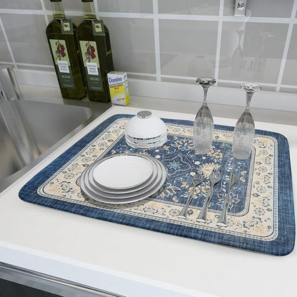 Blue Boho Dish Drying Mat for Kitchen Counter 18x24 Inch Fast Dry Drying Pad Vintage Floral Dish Drainer Rack Mats Coffee Bar Accessories