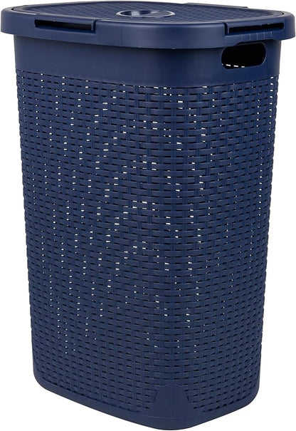Mind Reader Slim Laundry Hamper with Lid, 60L Tall Clothes Basket, Narrow Tapered Design for Bathrooms, Closets and Laundry Rooms, Plastic, Navy