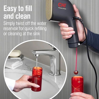 CHI Collapsible Travel 2-in-1 Handheld Garment Steamer & Steam Iron for Clothes, Large 120 ml Water Tank For up to 6 Minutes of Use, Collapses for Compact Storage, Fast Heatup, 10’ Cord, Black (11611)