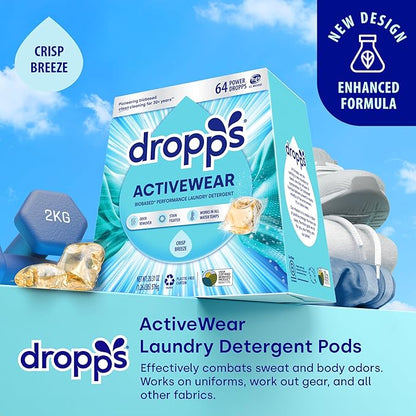 Dropps Activewear Laundry Detergent Pods, Crisp Breeze (64 Count) - Powerful Laundry Pods | Fights Sweat & Body Odors | For Synthetic Workout Clothes | Clean Ingredients | Plastic Free Packaging