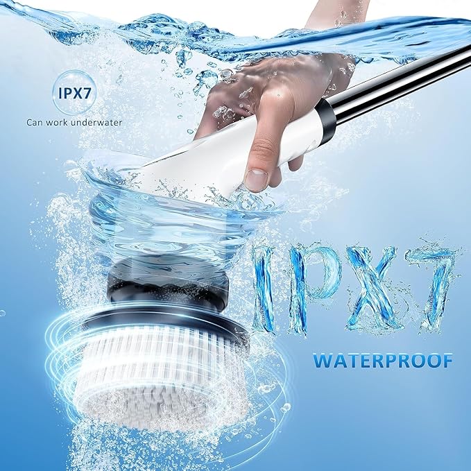 PUNOMO Electric Spin Scrubber, Cordless Bathroom Cleaning Brush with 8 Replaceable Heads & Adjustable Handle, IPX7 Waterproof Shower Scrubber with LCD Display, 2 Speeds for Bathtub, Floor, Tile