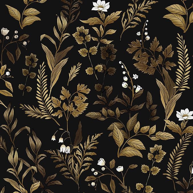 Extra Long Dark Floral Peel and Stick Wallpaper, Vintage Black Gold Leaf Wallpaper, Removable Contact Paper Self Adhesive for Bedroom Bathroom Cabinet Black Gold White 17.5In x 393In