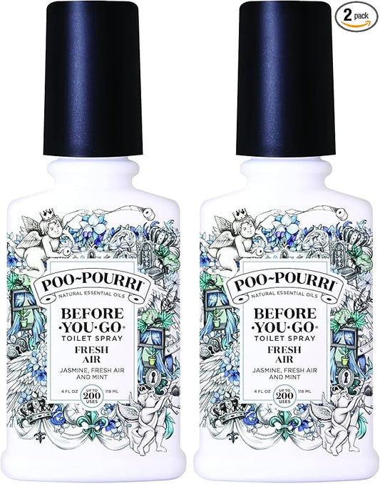 Poo-Pourri Before-You-Go Toilet Spray,Fresh Air,4 Fl Oz,Up to 200 Uses,Bathroom Odor Deodorizer,Plant-Based with Essential Oils,for Home or Work,Jasmine,Fresh Air and Mint Scent,(Pack of 2)