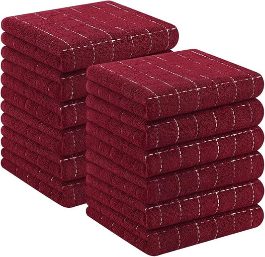 Homaxy 100% Cotton Terry Kitchen Towels(Brick Red, 13 x 28 inches), Checkered Designed, Soft and Super Absorbent Dish Towels, 12 Pack