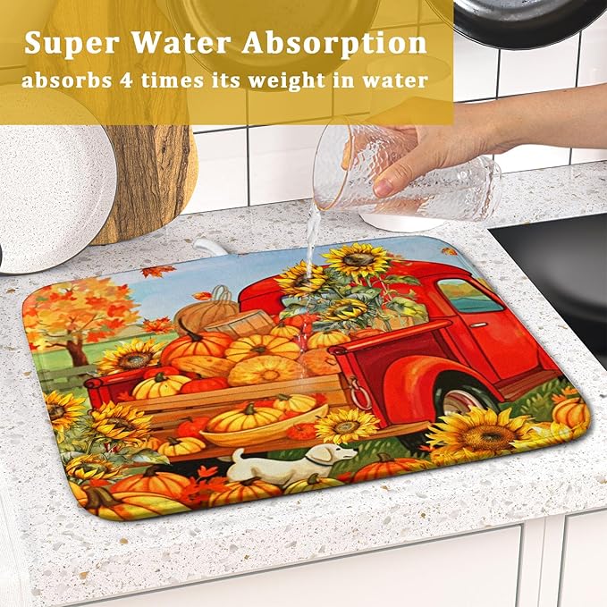 Autumn Pumpkin Red Truck Dish Drying Mat for Kitchen Counter,Fall Leaves Sunflower Cue Dog Harvest Drying Mat 16 x 18 Inch Microfiber Dish Drying Pad Dish Rack Drainer Mat for Coffee Bar