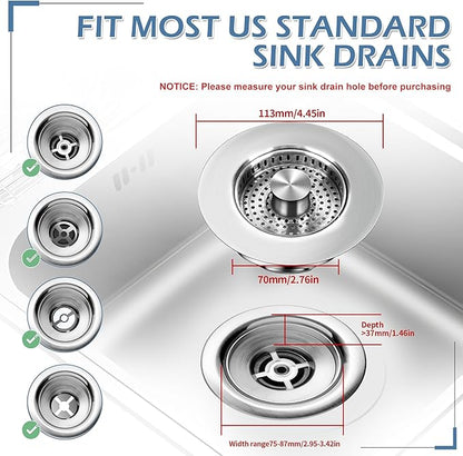 3 in 1 Kitchen Sink Drain Strainer ，304 Stainless Steel Kitchen Sink Stopper and Basket,Long-Term Water Storage，Bass Bounce Core，General，Filter for Standard 3-1/2 inch Drain (2-Pack)