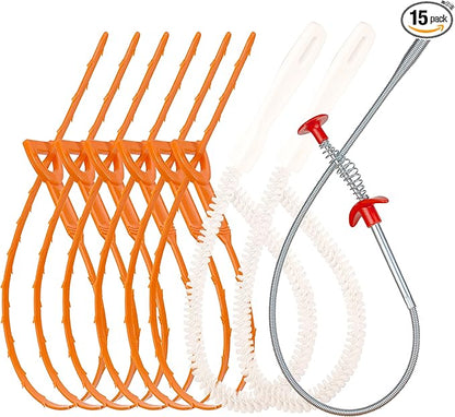 Drain Hair Remover(6pcs), Drain Snake Clog Remover(1pcs) ＆ Cleaning Brushes(2pcs) Tool Set For Toilet, Kitchen Sink, Bathroom Tub, Sewer, (6+2+1)