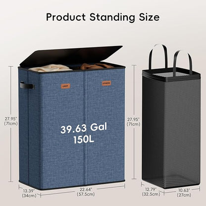 150L Double Laundry Hamper With Lid, Large Clothes Hampers with Removable Bag, Laundry Hamper 2 Section for Bathroom, Bedroom, Laundry Room, Dorm, Navy Blue