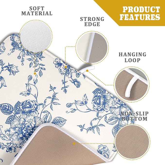 Vintage Blue Floral Dish Drying Mat for Kitchen Counter 16x18 Inch Chinoiserie Flowers Absorbent Reversible Microfiber Dish Pad Dish Drainer Rack Mats Countertops Protector Mat