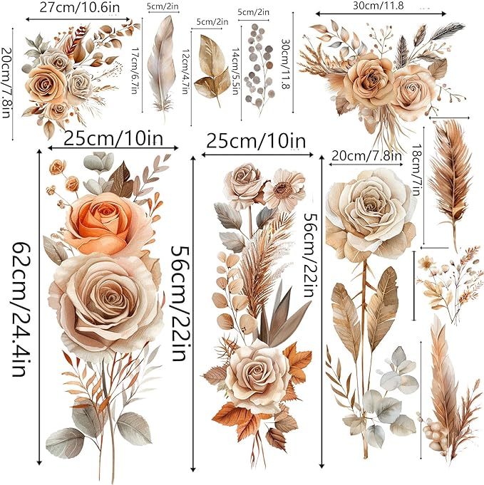 Boho Flower Wall Stickers Wildflower Floral Grass Peel and Stick Wall Stickers Living Room Bedroom Nursery Wall Decor (Orange)