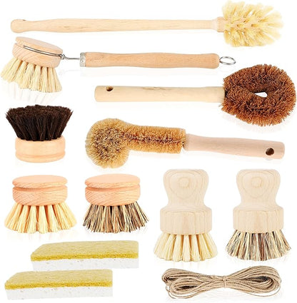 12 Pcs Bamboo Dish Brush Set with 65 Ft Hemp Rope Wooden Palm Pot Brush Natural Scrubbers Brushes Sisal Bristles for Pans, Bottle, Sink Kitchen Cleaning
