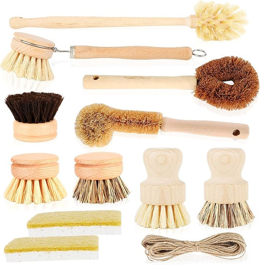 12 Pcs Bamboo Dish Brush Set with 65 Ft Hemp Rope Wooden Palm Pot Brush Natural Scrubbers Brushes Sisal Bristles for Pans, Bottle, Sink Kitchen Cleaning
