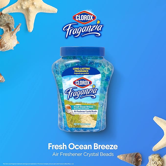 Clorox Fraganzia Crystal Beads Air Freshener, Long Lasting Room Deodorizer and Odor Eliminator Gel Beads to Freshen Home, Car, or Office, Fresh Ocean Breeze Scent, 12 Fl Oz