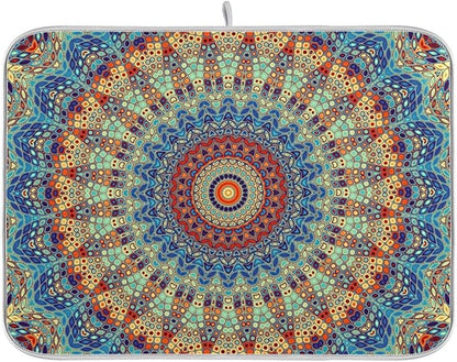 Bohemian Mandala Dish Drying Mat for Kitchen Counter Boho Ethnic Drying Mat 16 x 18 Inch with High Absorbent Reversible Microfiber Dish Drying Pad Dish Rack Pad Drainer Mat for Coffee Bar