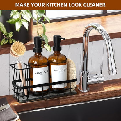 Dish Soap Dispenser for Kitchen, 16.9 fl oz Amber Hand and Dish Soap Dispensers, Kitchen Soap Dispenser Set with Sponge Holder, Brush Holder and Loofah Sponge, Countertop Sink Organizer Accessories