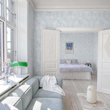 Ismoon Peel and Stick Wallpaper Vintage Floral Contact Paper Boho Watercolor Blue Damask Wallpaper Textured Removable Self Adhesive Vinyl Wall Paper for Bedroom, 17.3inx16.4ft