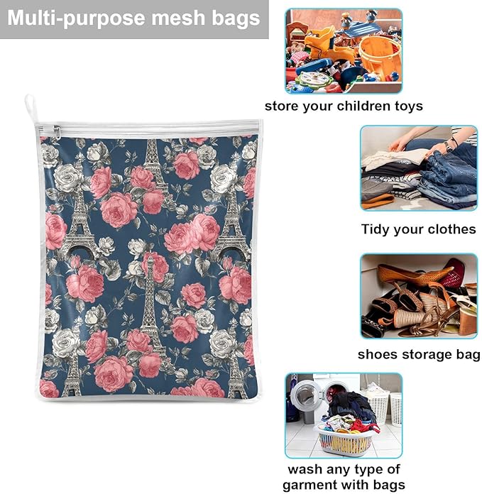 Mesh Laundry Bags Lingerie Bags for Washing Delicates 2 PCS Durable Wash Bag with Zipper Small and Medium Washable Blue French Eiffel Tower and Roses