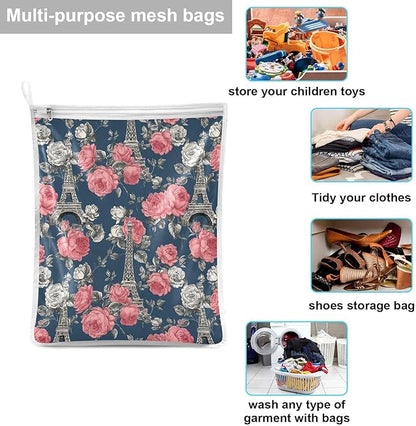 Mesh Laundry Bags Lingerie Bags for Washing Delicates 2 PCS Durable Wash Bag with Zipper Small and Medium Washable Blue French Eiffel Tower and Roses