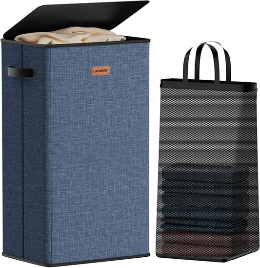 100L Laundry Hamper with Lid, Large Clothes Hampers with Removable Bag, Collapsible Laundry Basket for Bathroom, Bedroom, Laundry Room, Dorm, Navy Blue