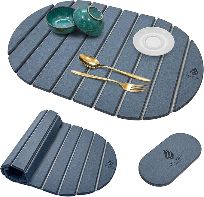 Stone Dish Drying Mat for Kitchen Counter, Quick Dry Diatomaceous Earth Drying Mat, Foldable Absorbent Stone Drying Pad, 2 PCS 24" × 16" & 8" × 4" for Dishes, Cups, Bottles & Utensils (Dark Gray)