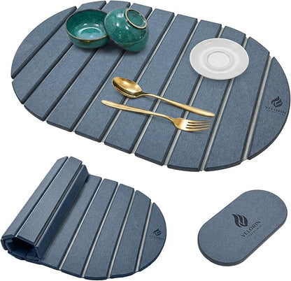 Stone Dish Drying Mat for Kitchen Counter, Quick Dry Diatomaceous Earth Drying Mat, Foldable Absorbent Stone Drying Pad, 2 PCS 24" × 16" & 8" × 4" for Dishes, Cups, Bottles & Utensils (Dark Gray)