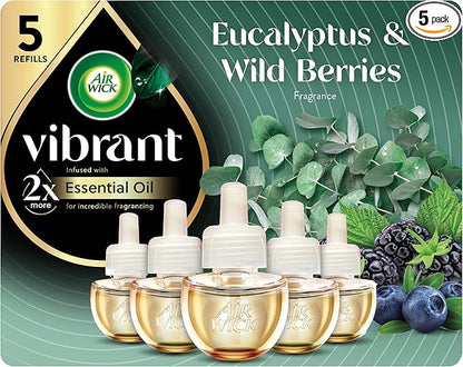 Air Wick Vibrant Plug In Scented Oil Refill, Infused with Essential Oils, Plug In Air Fresheners for Home, Eucalyptus & Wild Berries, 5 ct