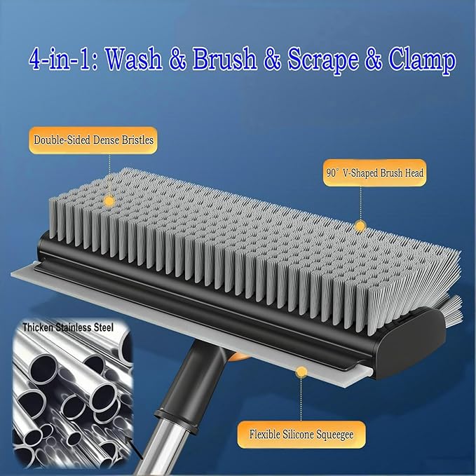 4 in 1 Floor Scrub Brush with Squeegee Long Handle Grout Brush 52'' 2026 Upgraded Multi-Functional Stiff Bristle Cleaning Scrub Brush Rotating Tile Brush for Cleaning Bathroom Patio, Pool, Garage