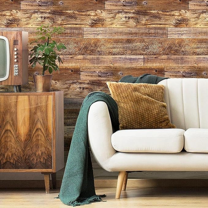 Yun-aeon Brown Wood Peel and Stick Wallpaper 17.3" X 472.4"Coffee Brown PVC Self Adhesive Wood Wall Peel and Stick Paper for Wall Covering Furniture Countertop Kitchen Christmas DIY