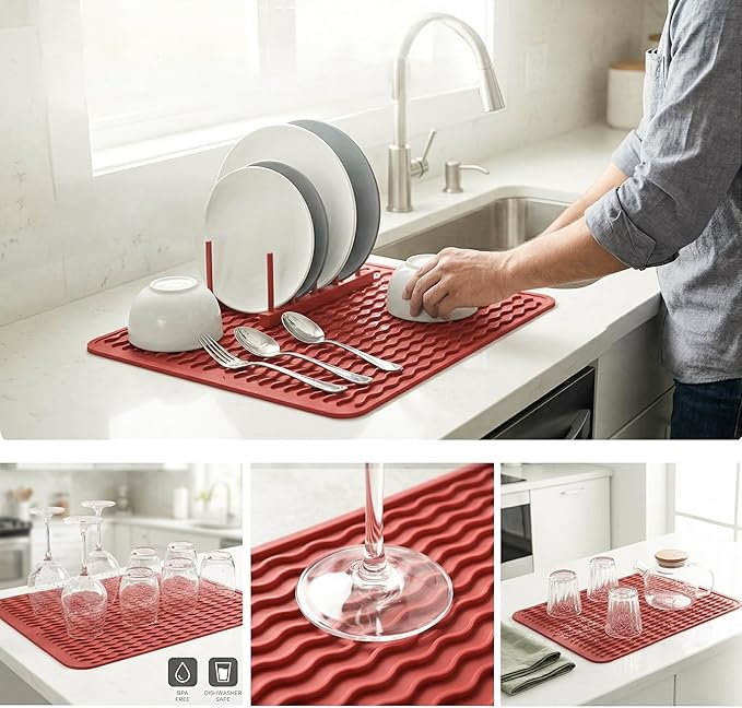 MicoYang Silicone Dish Drying Mat for Multiple Usage,Easy clean,Eco-friendly,Heat-resistant Silicone Mat for Kitchen Counter or Sink,Refrigerator or drawer liner Red L 16 inches x 12 inches