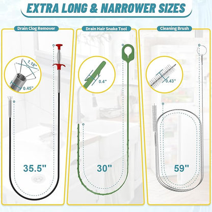 35.5 Drain Clog Remover Tool (1pc), 30 Inch Sink Snake Drain Tool (5 pcs) & 59 Inch Tube Drain Brush (3 pcs), Effective Hair Drain Clog Remover for Toilet, Kitchen Sink, Bathroom, Shower, Sewer