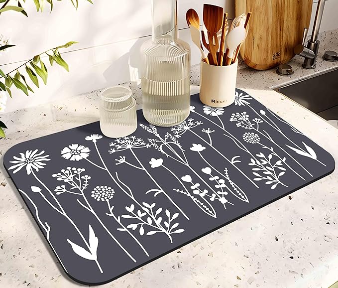Dish Drying Mat for Kitchen Counter 20x12in Washable Quick Dish Drying Pad Rubber Backed Absorbent Draining Mat Fit Kitchen Counter,Bar,Under Sink,Dishes,Utensils,Dish Rack
